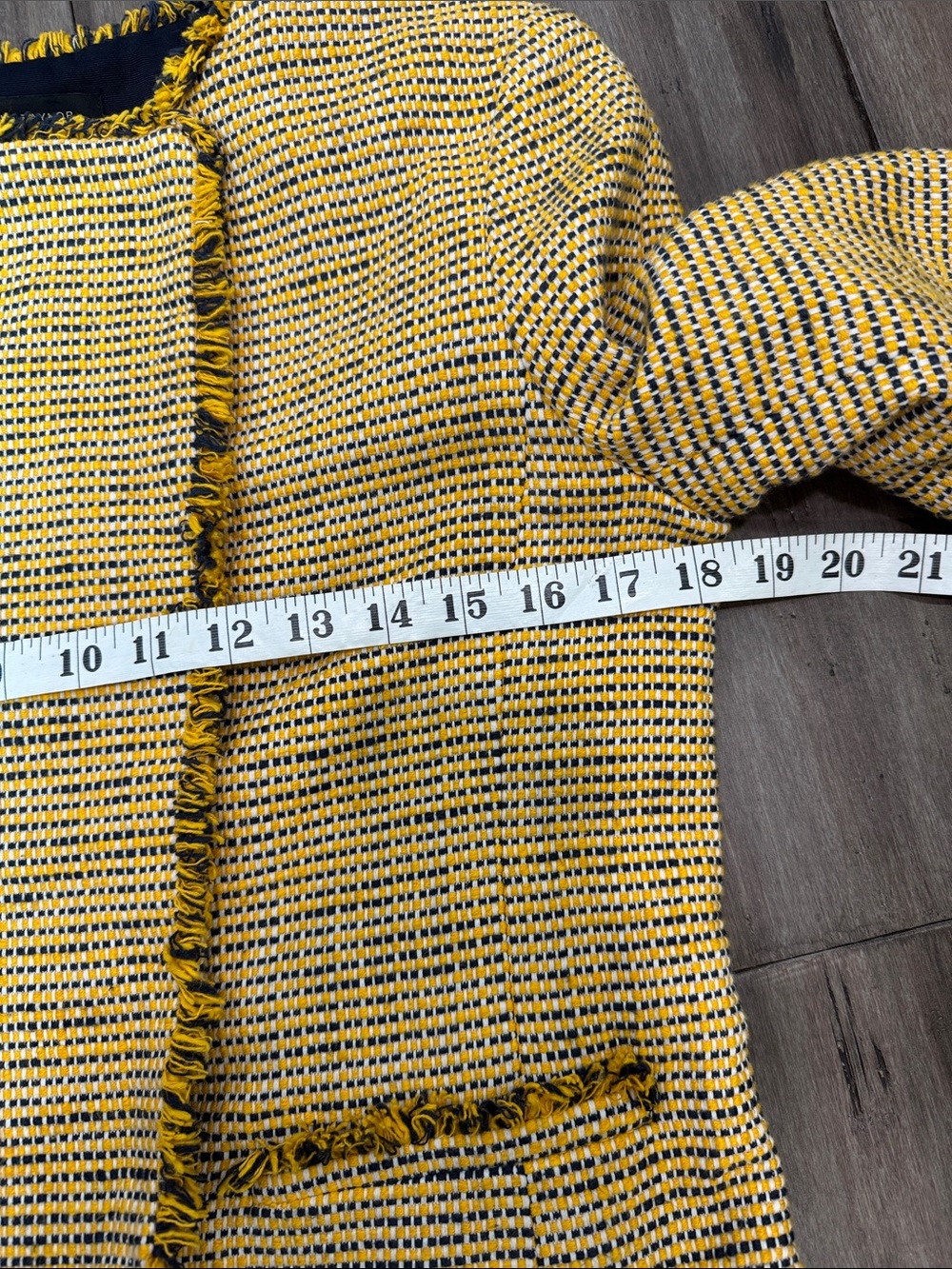 Ann Taylor Yellow and Black Tweed Fringe Open-Front Blazer - Picture 7 of 8